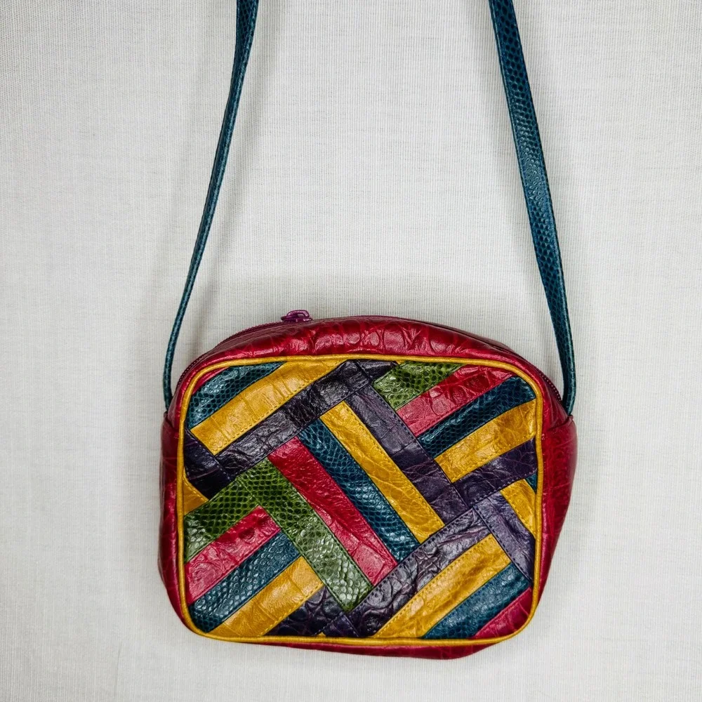 Sharif Vintage Patchwork Crossbody Bag Multicolor Faux Reptile Embossed Leather